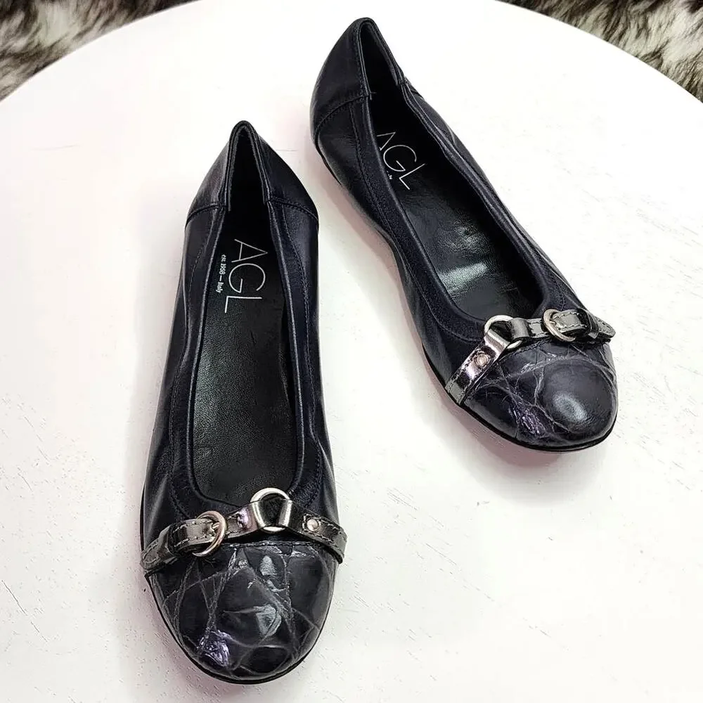 AGL Monika Cap Toe Ballet Flat in Carbon Night Coal Navy Croc Embossed Flats